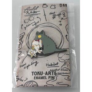 Toku Arts Enamel Pin With Green Cat White Cat Design Humor Carnivore